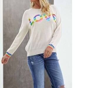 Brodie Fine Cashmere Love Rainbow Foil Pullover Sweater Size Small